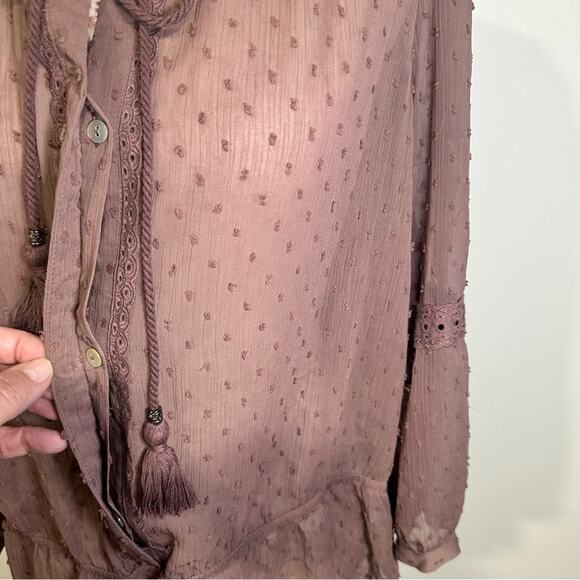 DR2 by Daniel Rainn Size L Brown Tassel Clip Dot Blouse Peasant Top Boho Neutral - Picture 3 of 12